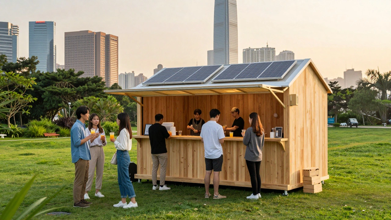 金钟城市公园绿地中一个环保模块化设计的快闪酒吧，人们在夕阳下社交